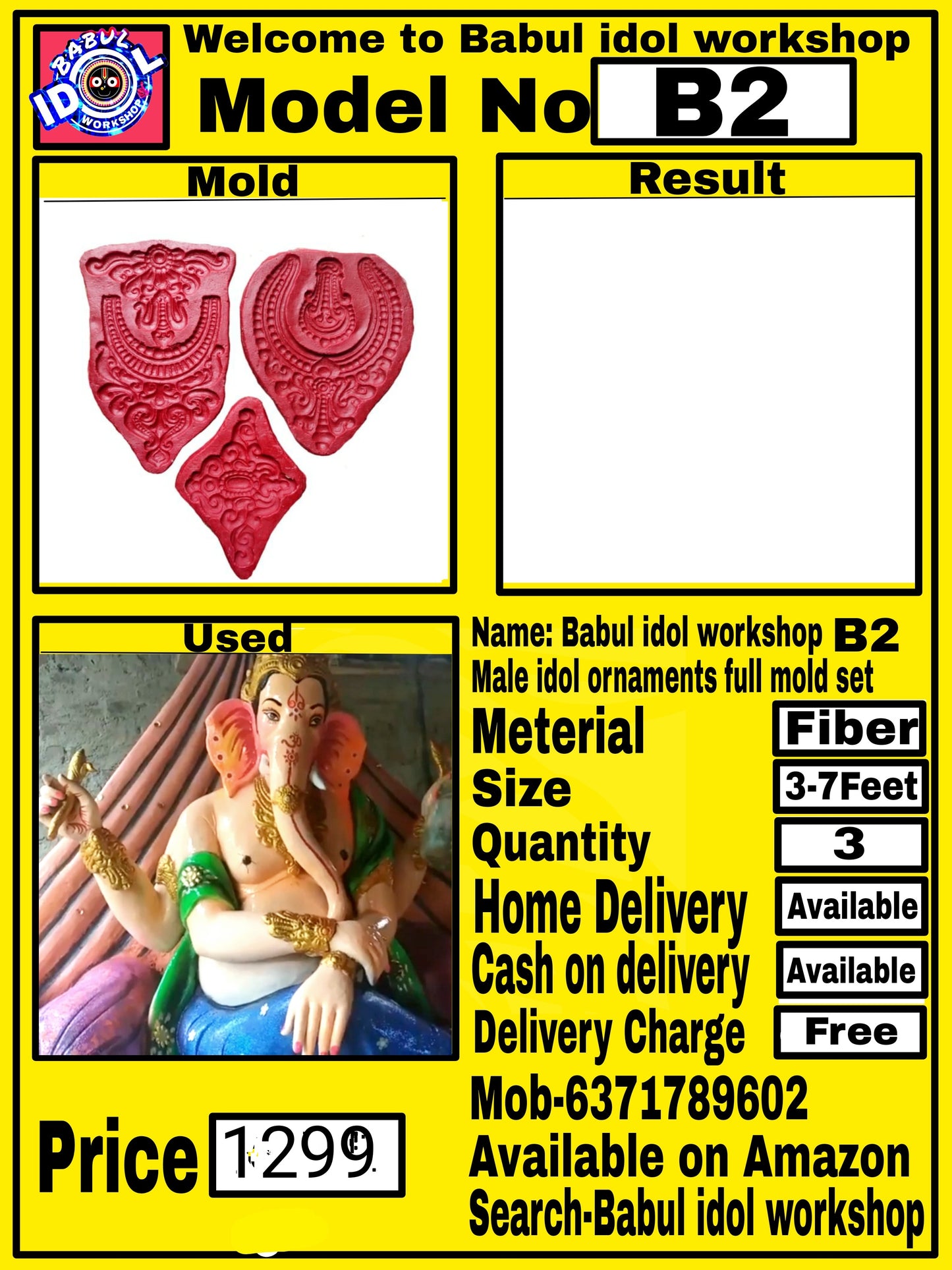 Babul idol workshop B2 Male Idol Ornaments Fiber Mould Set | Ganesh Idol Making juelerry Mold | This Item are Used in Male Idol - Ganesh | 3-7 feet Hight murti Coverage | (Set of-3)