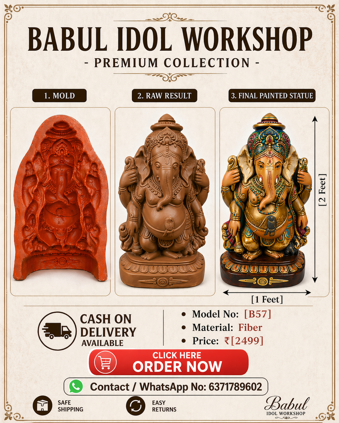 Babul idol workshop B57 Ganesh idol mold 2 feet fiber stone desing