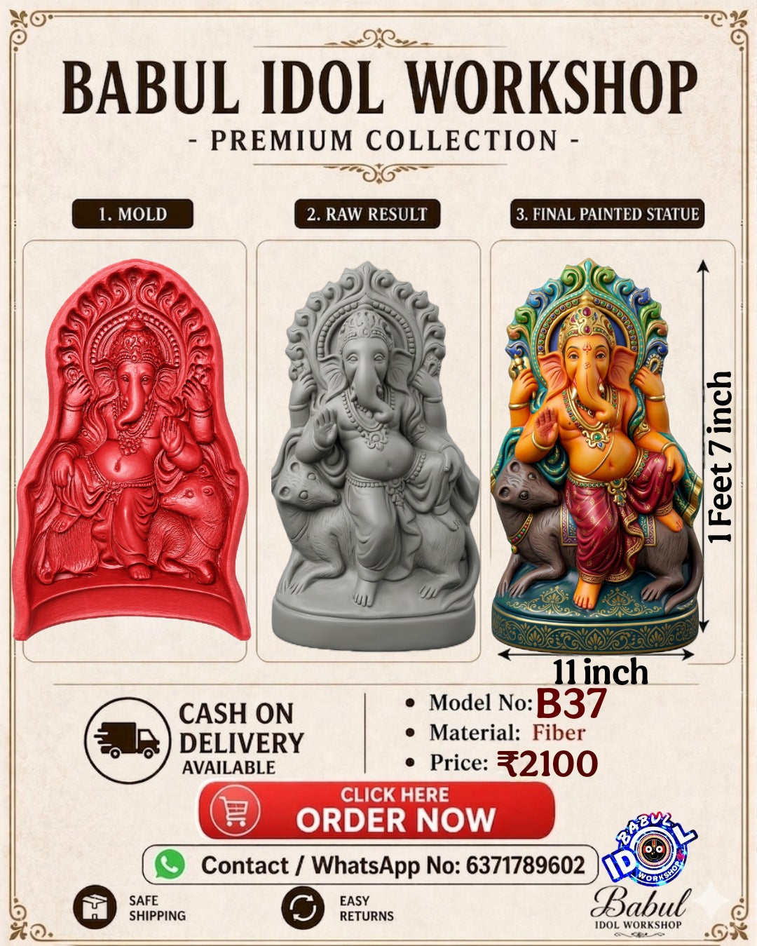 Babul idol workshop b37 Ganesh Mold for Making Idol | 1 feet 7 inch Hight Ganesh Idol Making Mold | Eco Friendly Ganesh murti Making DIY kit and Powder
